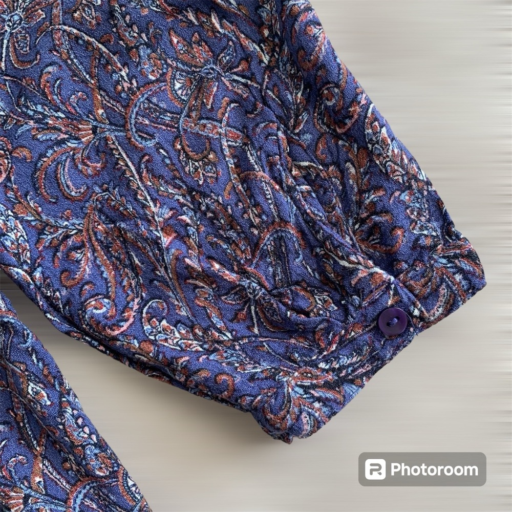 LUCKY‎ BRAND Women’s Blouse Purple Floral Scroll Pheasant Long Sleeve V-Neck L - Picture 5 of 11